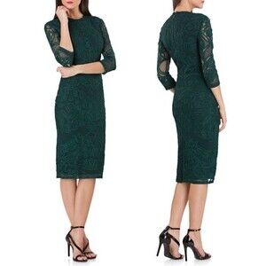 JS Collections Lace Dress Forest Sheer Sleeve Soutache Midi Sheath Dress Size 2